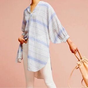 Maeve Anthropologie Lena Yarn Dye Off White Blue Oversized Boho Top Size Small